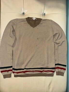 Gucci Boys' Beige and Brown V-Neck Sweater with Striped Cuff